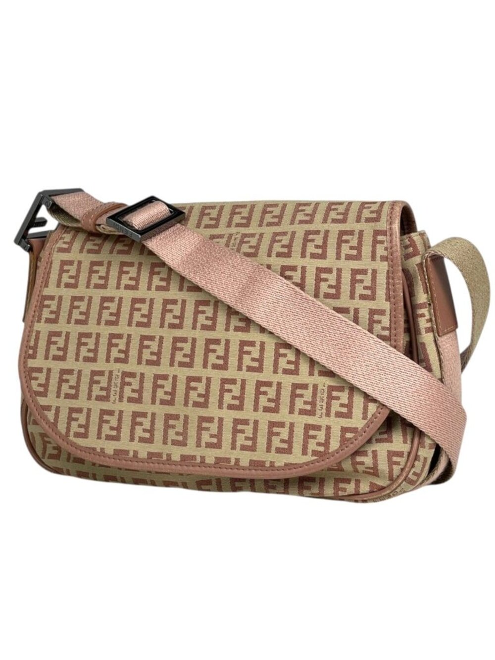 Fendi Shoulder Bag Zucchino Pattern Canvas Beige Pink